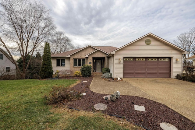 ranch-style house with a garage and a front lawn