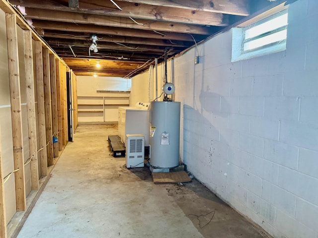 basement featuring washer / clothes dryer and electric water heater