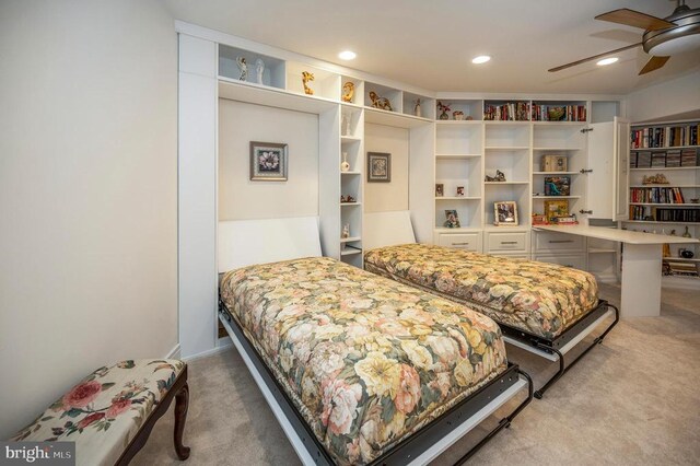 bedroom with light colored carpet and ceiling fan