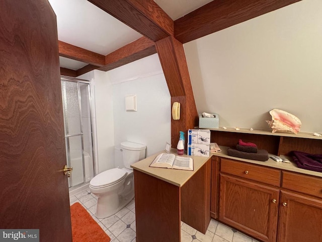 full bathroom featuring beamed ceiling, toilet, a shower stall, and tile patterned floors