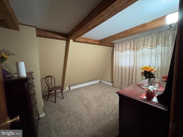 living area featuring beam ceiling, a baseboard radiator, and carpet flooring