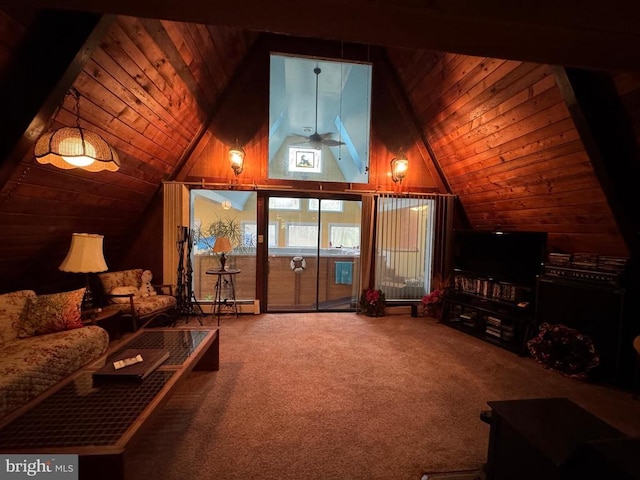 living area featuring ceiling fan, carpet, wood ceiling, baseboard heating, and lofted ceiling