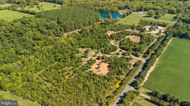 birds eye view of property featuring a water view and a wooded view