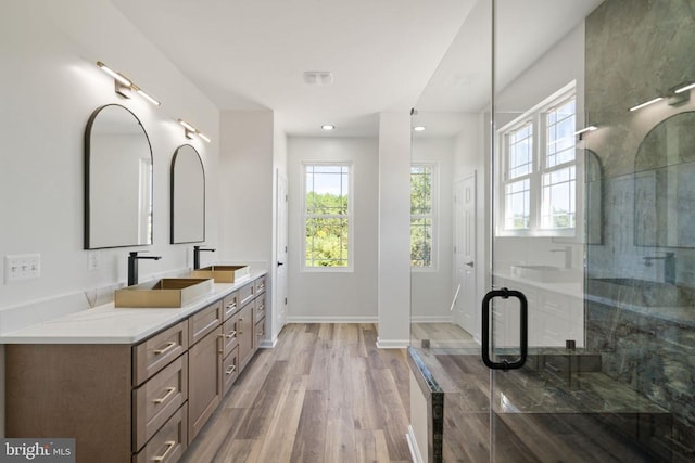 bathroom featuring hardwood / wood-style flooring, vanity, and a shower with shower door