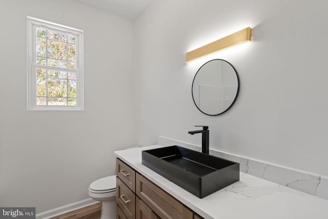 bathroom featuring vanity, toilet, and hardwood / wood-style floors