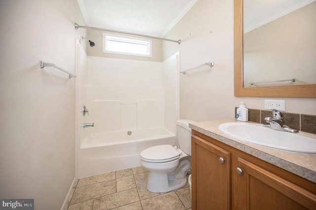 bathroom featuring toilet, vanity, shower / bathing tub combination, tile patterned floors, and crown molding