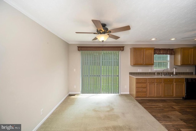 kitchen with dishwasher, ceiling fan, a sink, and baseboards