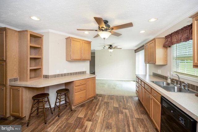 kitchen with a textured ceiling, a sink, black dishwasher, ornamental molding, and dark wood finished floors