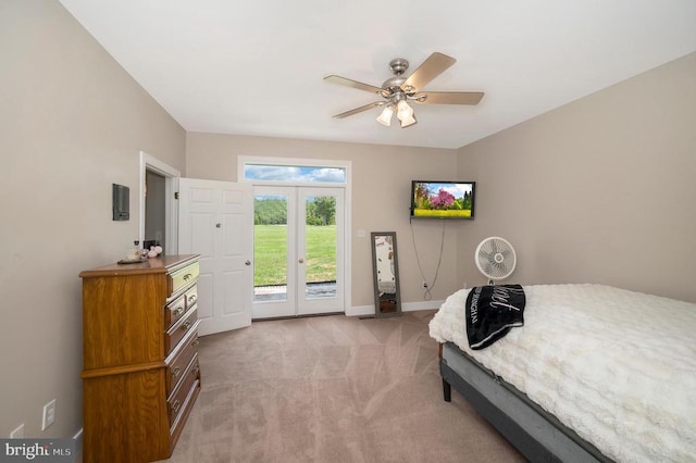 bedroom with french doors, light colored carpet, a ceiling fan, access to outside, and baseboards