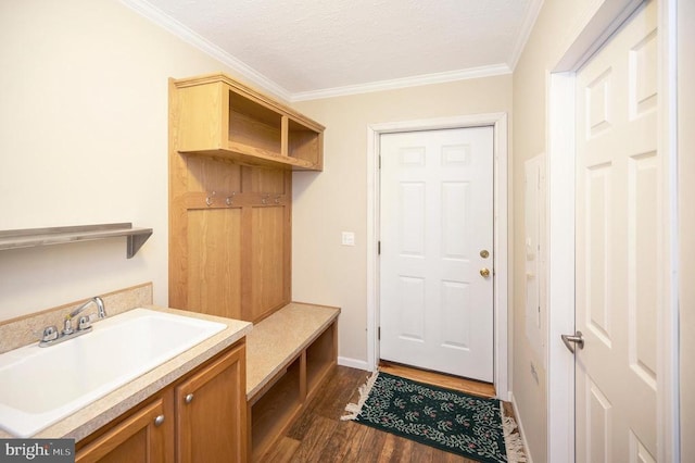 mudroom with baseboards, dark wood finished floors, crown molding, a textured ceiling, and a sink