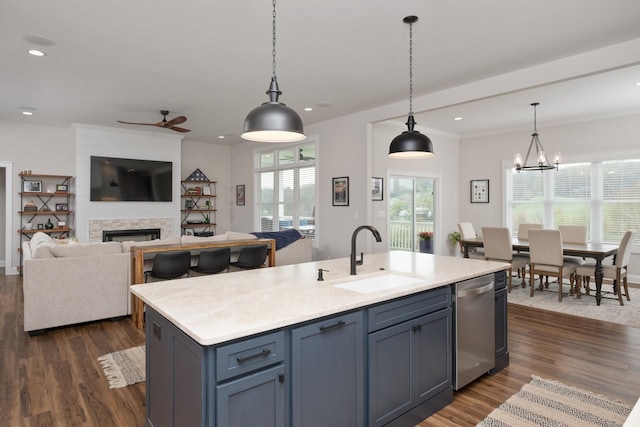 kitchen with dark wood finished floors, stainless steel dishwasher, ceiling fan with notable chandelier, and a sink