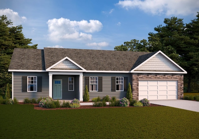 single story home with driveway, roof with shingles, a front yard, and a garage