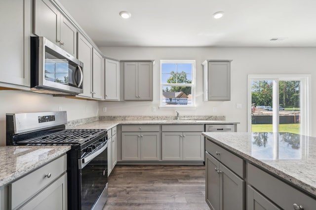 kitchen featuring dark wood-style floors, gray cabinets, a wealth of natural light, and stainless steel appliances