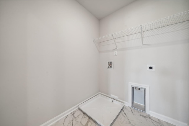 washroom with laundry area, marble finish floor, hookup for an electric dryer, and hookup for a washing machine