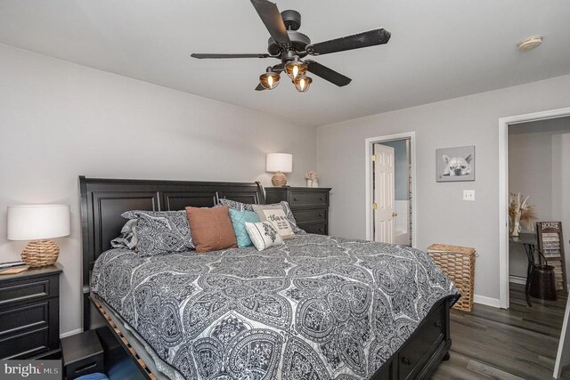 bedroom with ceiling fan and dark hardwood / wood-style flooring