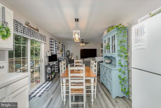 dining room featuring light hardwood / wood-style floors and ceiling fan