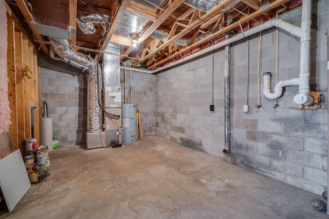 unfinished basement featuring heating unit and water heater