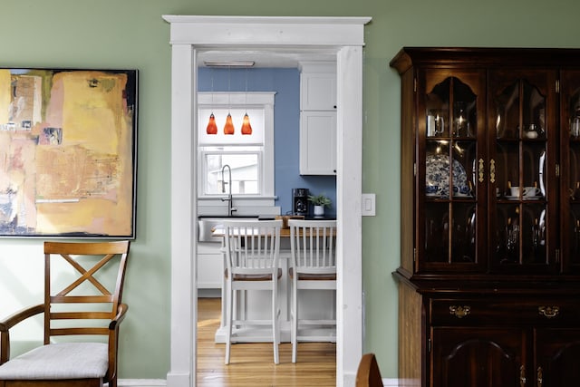 interior space featuring light wood finished floors and a sink