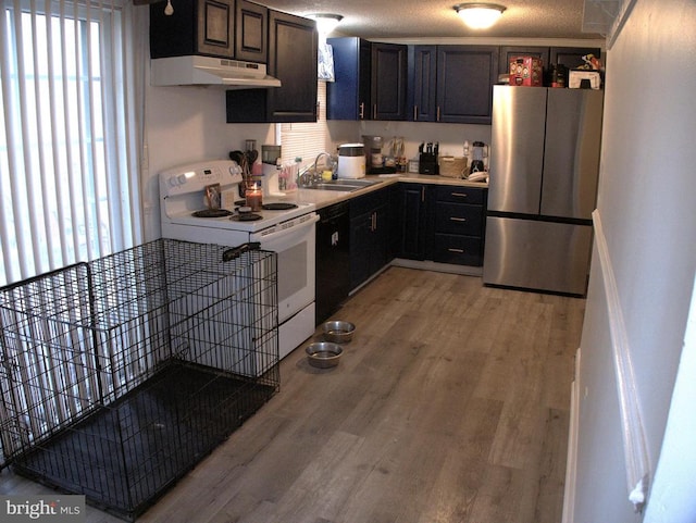 kitchen featuring electric stove, light wood-style flooring, freestanding refrigerator, a sink, and under cabinet range hood