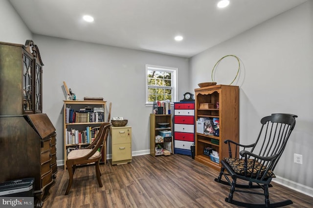 office area featuring baseboards, recessed lighting, and wood finished floors