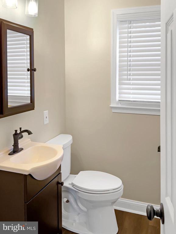 bathroom with vanity, wood-type flooring, and toilet