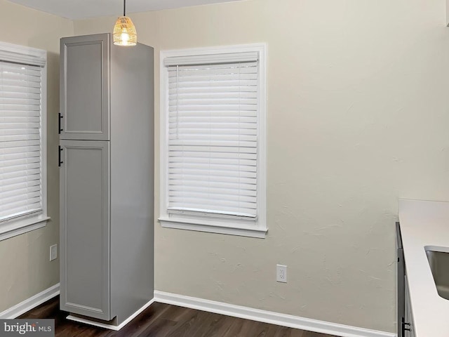 unfurnished dining area featuring dark hardwood / wood-style floors and sink