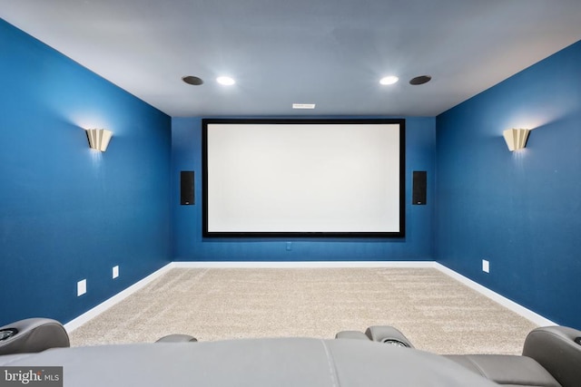 home theater featuring carpet, baseboards, and recessed lighting
