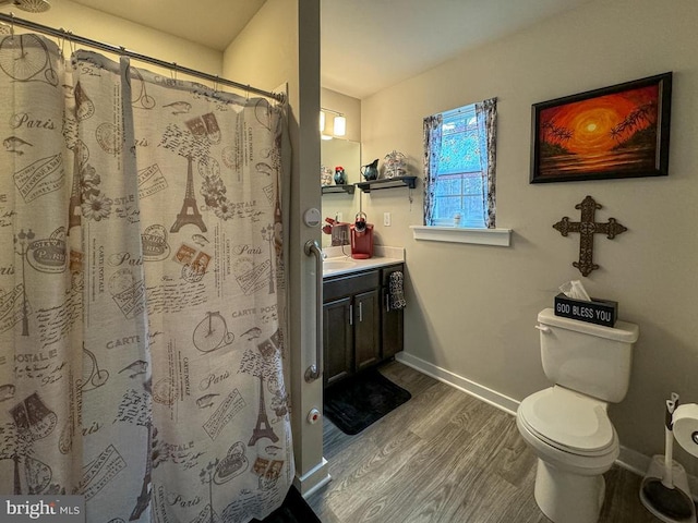 bathroom featuring vanity, curtained shower, wood-type flooring, and toilet