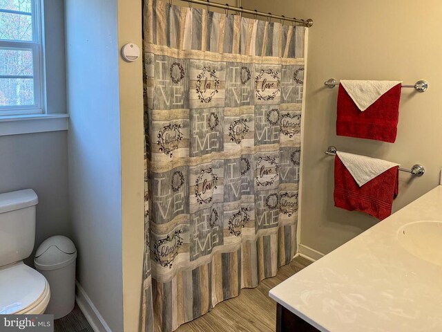 bathroom with vanity, toilet, curtained shower, and wood-type flooring