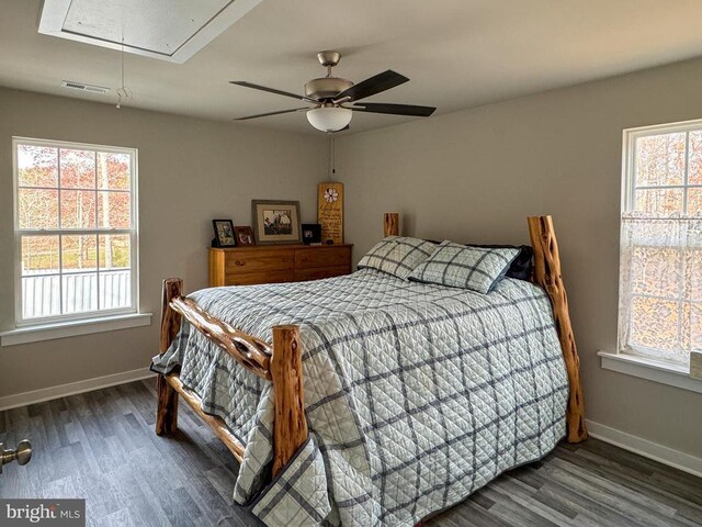 bedroom with ceiling fan, dark hardwood / wood-style floors, and multiple windows