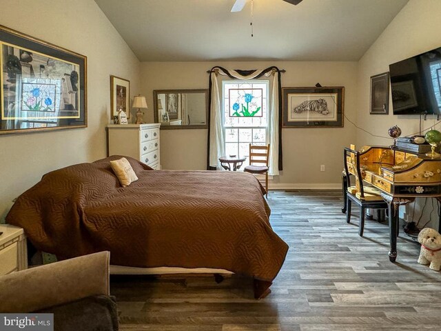 bedroom with lofted ceiling, light hardwood / wood-style flooring, and ceiling fan