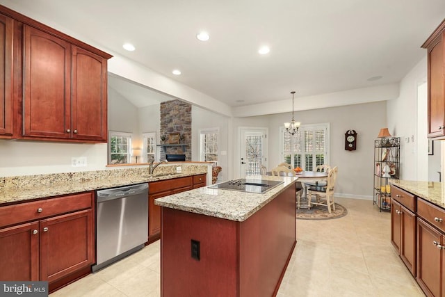 kitchen with reddish brown cabinets, black electric stovetop, a kitchen island, a sink, and dishwasher