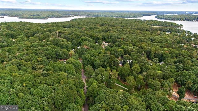 birds eye view of property featuring a water view and a wooded view