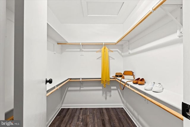 spacious closet with dark wood-type flooring and attic access