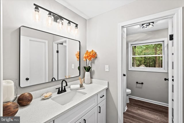 bathroom featuring baseboards, toilet, wood finished floors, and vanity