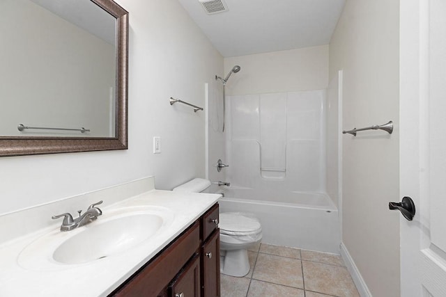 bathroom with visible vents, toilet, vanity, shower / tub combination, and tile patterned flooring