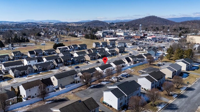 aerial view featuring a residential view and a mountain view