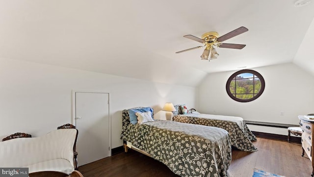 bedroom with ceiling fan, wood-type flooring, and vaulted ceiling