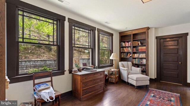 living area with dark wood-type flooring