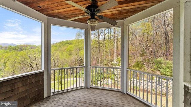 unfurnished sunroom featuring wooden ceiling and ceiling fan