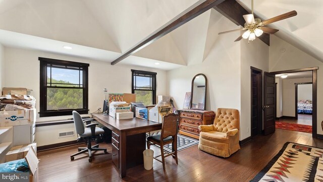 office area featuring dark wood-type flooring and high vaulted ceiling