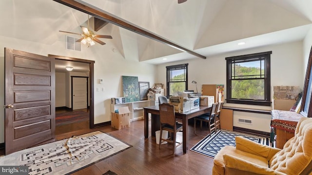 home office featuring ceiling fan, dark hardwood / wood-style floors, and high vaulted ceiling