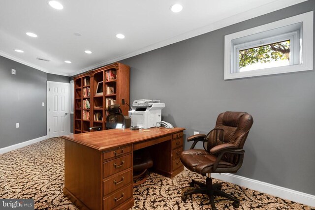 office space with ornamental molding and light carpet