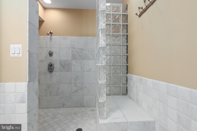 bathroom featuring a wainscoted wall, walk in shower, and tile walls