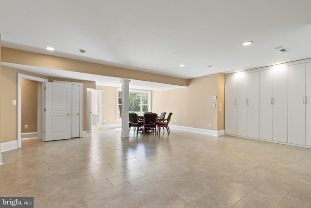 dining room with recessed lighting, baseboards, decorative columns, and visible vents