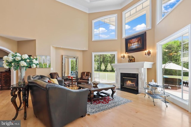 living area featuring a fireplace with flush hearth, plenty of natural light, wood finished floors, and a towering ceiling