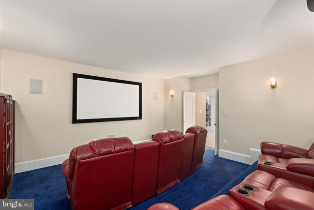cinema with baseboards and carpet