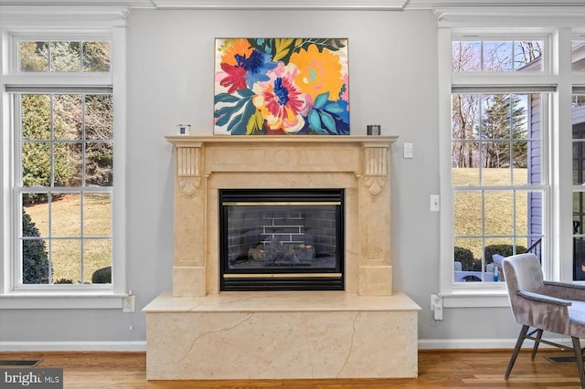 room details featuring a high end fireplace, visible vents, baseboards, and wood finished floors