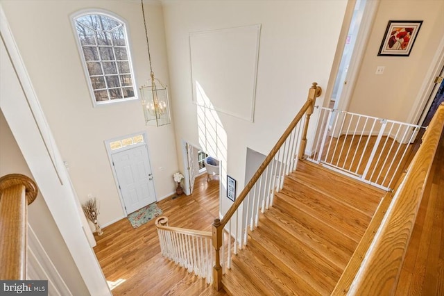 foyer entrance featuring a high ceiling, wood finished floors, and a notable chandelier