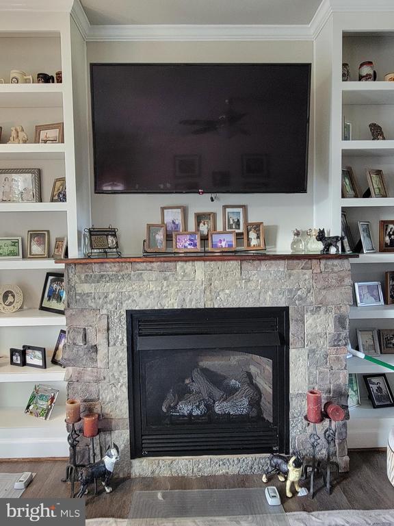 interior details with built in shelves, a fireplace, and crown molding